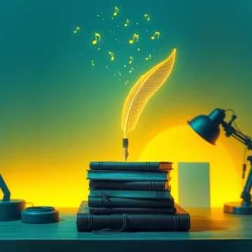 A stack of books with a glowing feather quill pen and musical notes above it, set on a desk with a lamp and telescope, against a yellow-green gradient background.