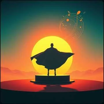 Silhouette of a person in a cape standing on a circular platform in front of a large setting sun, with musical notes and symbols in the sky.