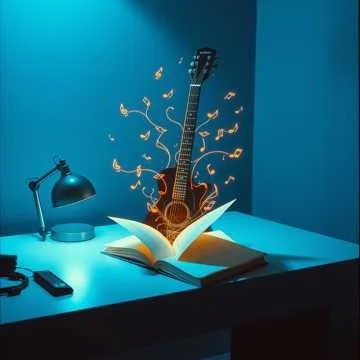 An open book on a desk with a guitar emerging from it, surrounded by floating musical notes and symbols, illuminated by a desk lamp.