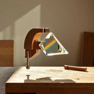 A modern desk lamp with a triangular glass shade and wooden base on a wooden table.