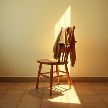 Chair with clothing draped over it, illuminated by sunlight through a window