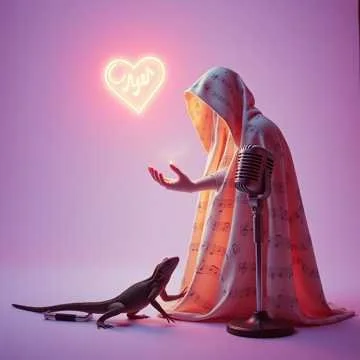 A person dressed in a long, patterned robe with a hood, standing next to a microphone on a stand, reaching out a hand towards a small panther or black cat. There is a neon heart sign with the word 'Yes' inside it above them, against a purple backdrop
