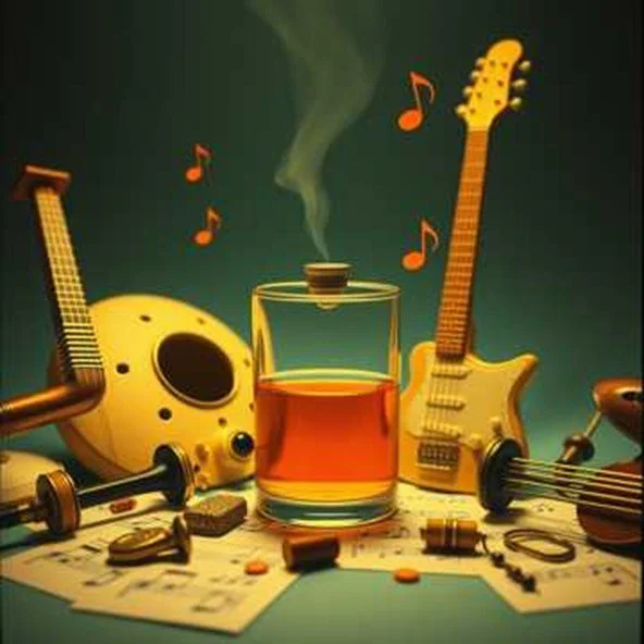 Assorted musical instruments, such as an electric guitar, mandolin, and drum set, surrounding a steaming glass of whiskey with papers and small objects scattered around, against a green background.