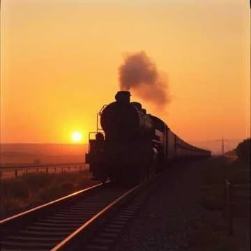 A steam locomotive train traveling on railroad tracks during sunset, with smoke rising from its chimney.