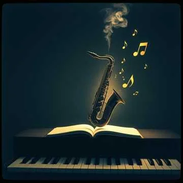 A floating saxophone with musical notes above an open book, blending a piano keyboard at the bottom. The scene creates a magical, musical atmosphere.