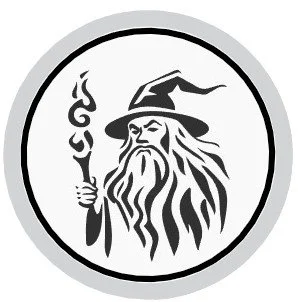 A black and white logo of a wizard with a long beard and pointed hat holding a staff with a glowing tip.