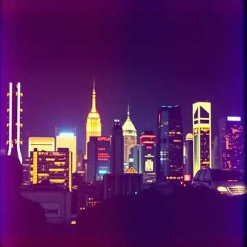 Night city skyline with illuminated skyscrapers and Empire State Building in the distance