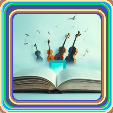 Open book with musical instruments emerging from its pages, including a violin, cello, and viola, with birds flying in the background.