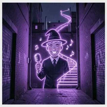 Neon street art of a person wearing a wizard hat, holding a microphone, with a glowing staircase and musical notes, in a dark alleyway.