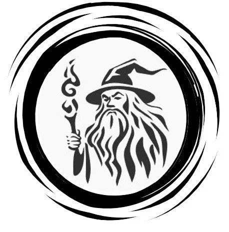 A black and white illustration of a wizard with a long beard, wearing a pointed hat, holding a wand with magical flames around it, enclosed in a circular brushstroke.