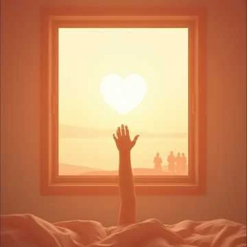 A person lying in bed reaching out a hand toward a window with a heart-shaped cloud in the sky at sunset.