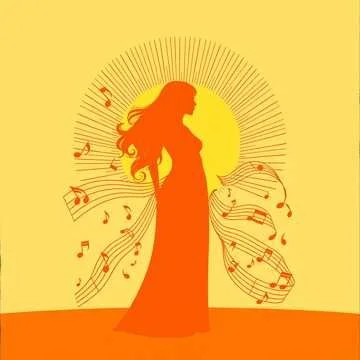 A silhouette of a woman with flowing hair, standing in front of a yellow sun, surrounded by musical notes and lines, with a yellow background.