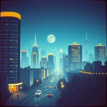 A futuristic city skyline at night with tall buildings, a full moon, and a busy street with cars and pedestrians.