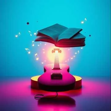 A pink electric guitar with an open book floating above it, glowing with bright lights and musical notes against a blue background.