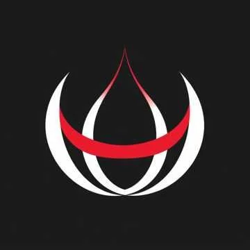 A stylized red and white design resembling a flame or floral shape against a black background.