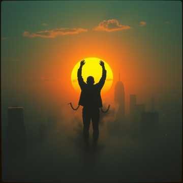 Silhouette of a person with raised arms standing on a foggy cityscape at sunset