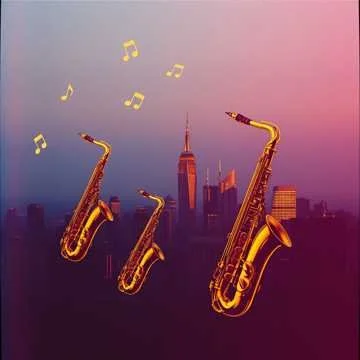 Saxophones with musical notes floating in front of a city skyline at dusk.