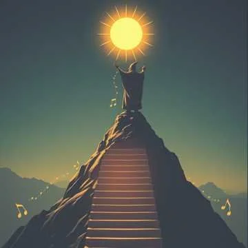 A person standing on a mountain peak holding a glowing sun in their hands, with music notes around the mountain.