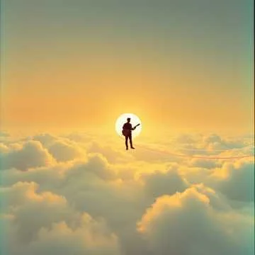 Silhouette of a person playing a guitar while floating among clouds against a sunlit sky.