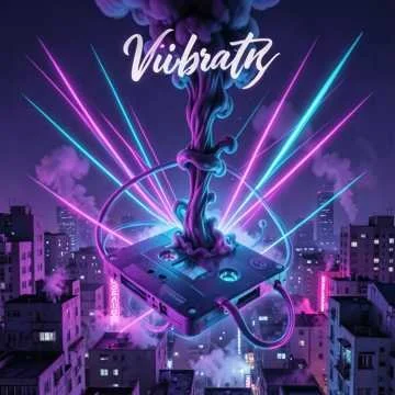 A neon-colored illustration of a DJ turntable floating above a city at night, with vibrant purple, pink, and blue light beams shooting out from it, creating a vibrant, energetic atmosphere.