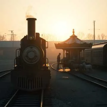 Old steam train at a train station during sunset with a person standing nearby.