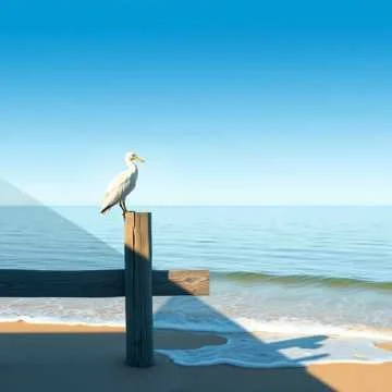A seagull perched on a wooden post at the beach with the ocean and blue sky in the background.
