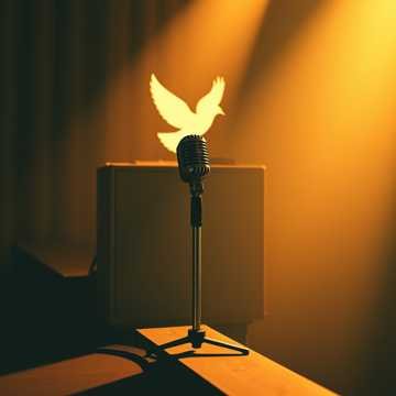 A microphone with a dove-shaped decoration on top, placed in front of a speaker on a stage with warm yellow lighting.