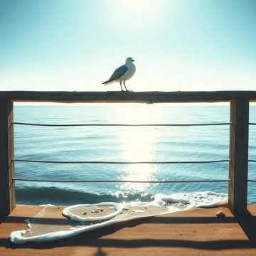 A seagull standing on a wooden railing overlooking a body of water on a bright, sunny day.