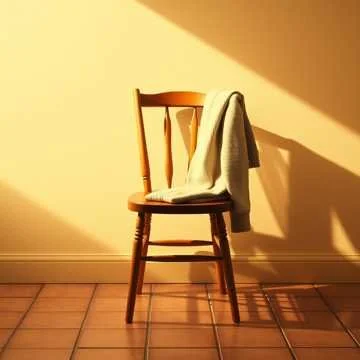 A wooden chair with a white cloth draped over the backrest, set against a plain wall with sunlight casting shadows.