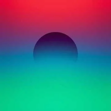 A circular silhouette or shadow against a background with gradient colors from red at the top to greenish at the bottom.