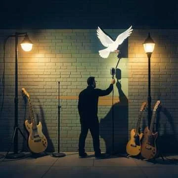 A person standing on a stage holding a microphone, with two guitars on stands and a white dove cupped in their hand, illuminated by street lamps against a brick wall.
