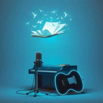 Open book with flying pages above a microphone, keyboard, and guitar on a blue background.