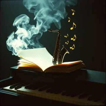 A book with smoke and musical notes emerging from its pages, with a piano in the foreground.