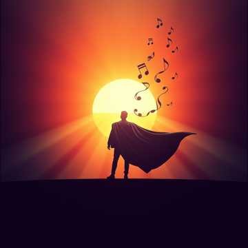 Silhouette of a person with a cape standing on a landscape during sunset with musical notes floating in the sky.
