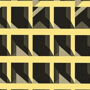 Close-up of a pattern with black, yellow, and gray geometric shapes arranged in a repeating grid.
