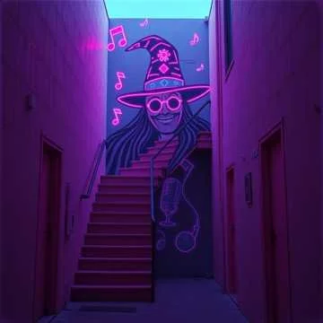 Neon wall art of a witch with a hat, glasses, and long hair, holding a wand and surrounded by musical notes, in a narrow corridor with stairs leading up.