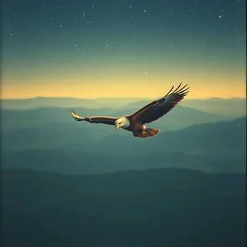 An eagle flying over mountain peaks at sunset with a starry sky in the background.