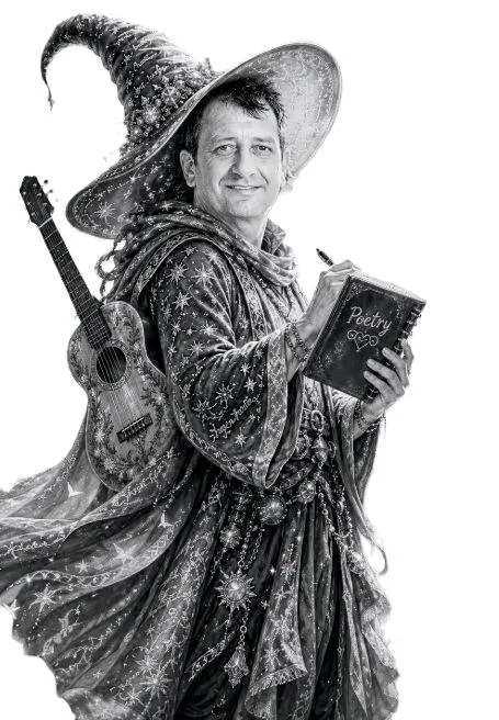 A man dressed as a wizard, wearing a starry cloak and a pointed hat, holding a book titled 'Poetry' and a guitar, with a joyful expression.