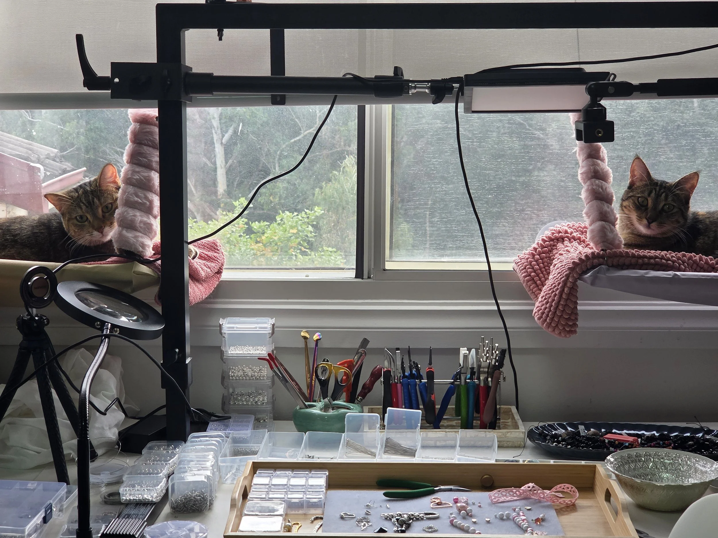 A workspace with jewelry-making supplies including small containers of beads, tools, and jewelry in progress. There are two cats lounging on pink blankets near a window with a view of trees outside.