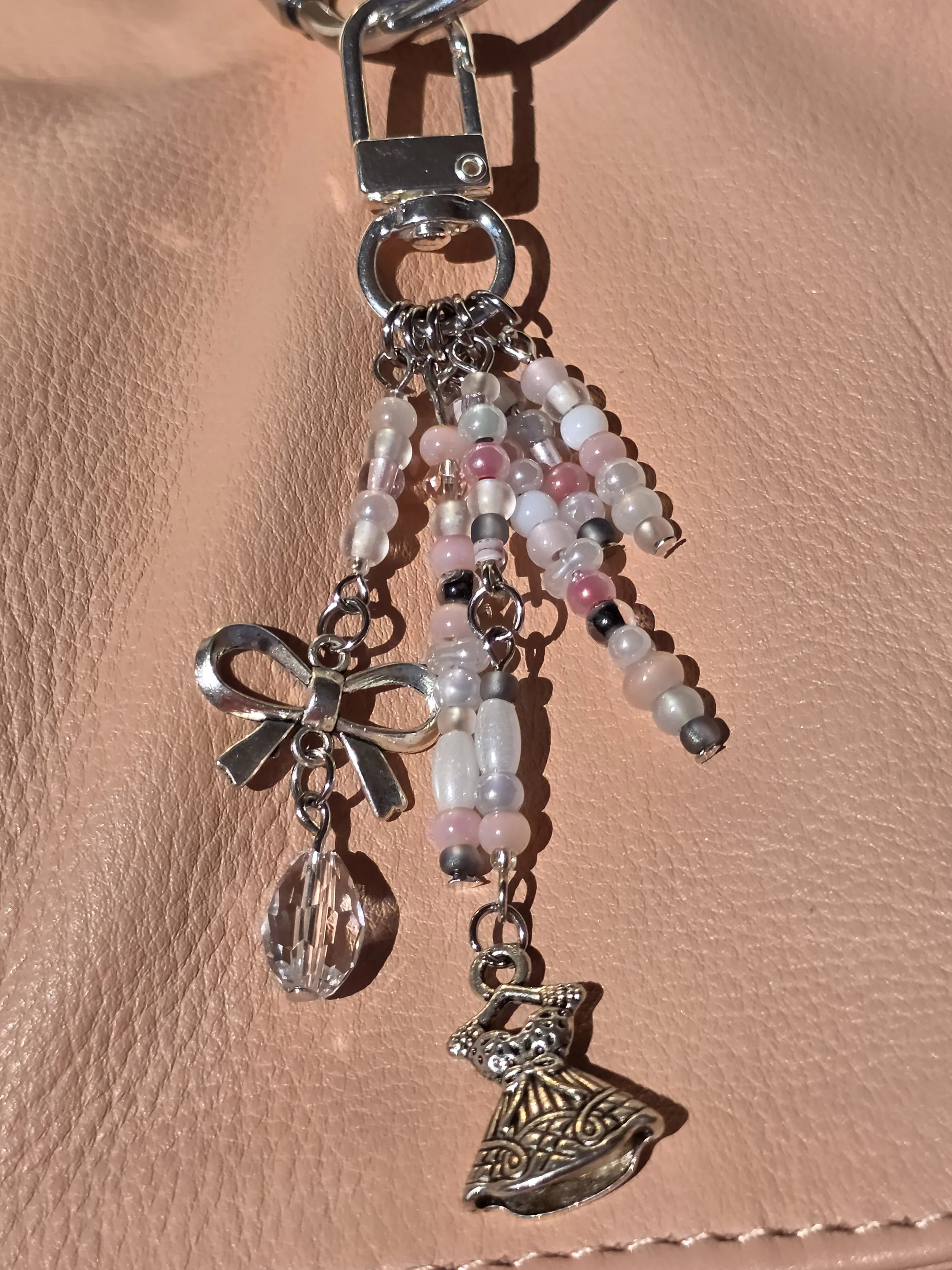 Silver bag charm with bow and A-line dress charms in soft pink and white beads — The Chérie by Charm & Delight