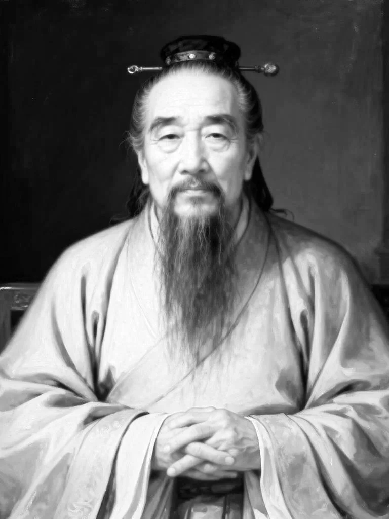 Black and white portrait of Confucius, wearing traditional Chinese clothing and a headpiece, seated with hands clasped.