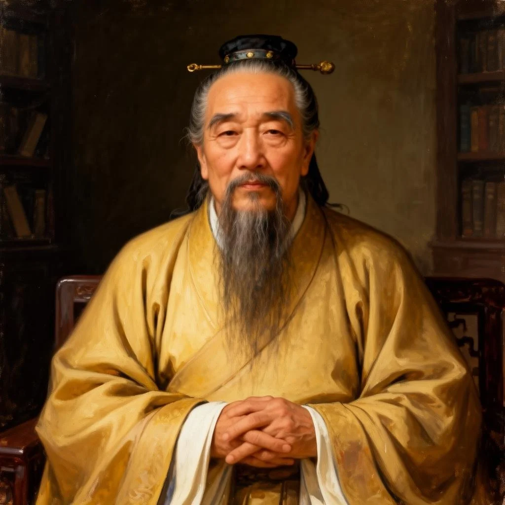 Confucius, dressed in traditional gold robes, sitting with his hands clasped, in front of bookshelves, in a warm-toned room.