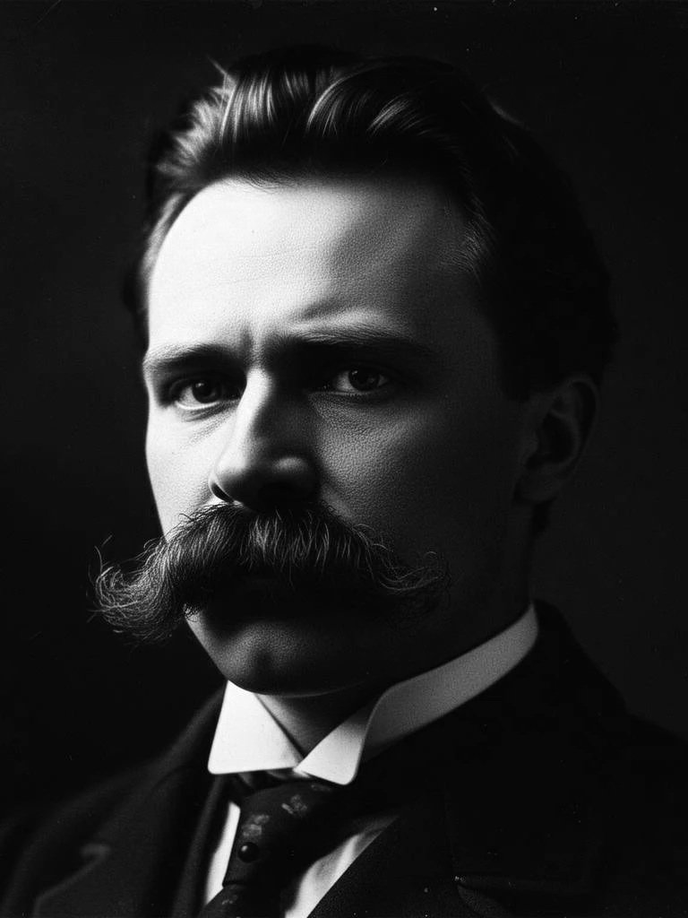 Black and white portrait of Friedreich Nietzsche, with groomed mustache, wearing a suit and tie, against a dark background.