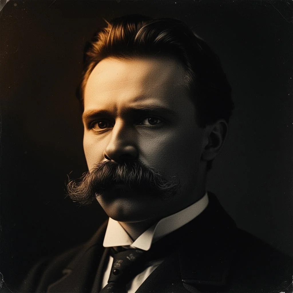 A sepia-toned portrait of Friedreich Nietzsche, with groomed mustache, wearing a suit and tie, against a dark background.
