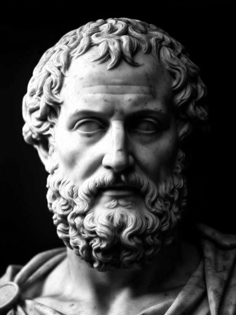 Close-up of a classical marble bust of Aristotle with curly hair and intense expression, against a black background.