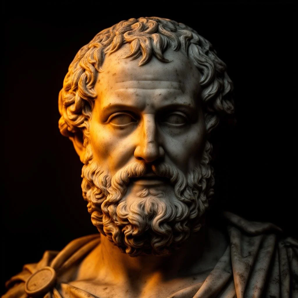 Close-up of a dimly lit classical marble bust of Aristotle with curly hair and intense expression, against a black background.