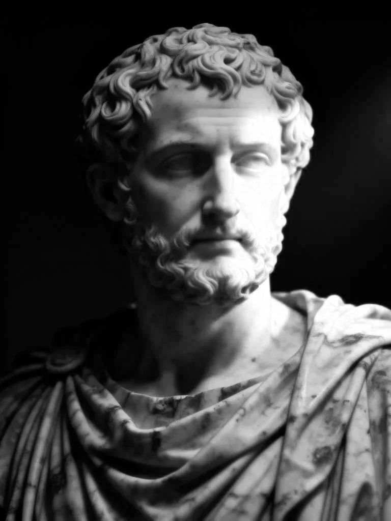 Black and white photograph of Marcus Aurelius, with curly hair and beard, wearing a robe.