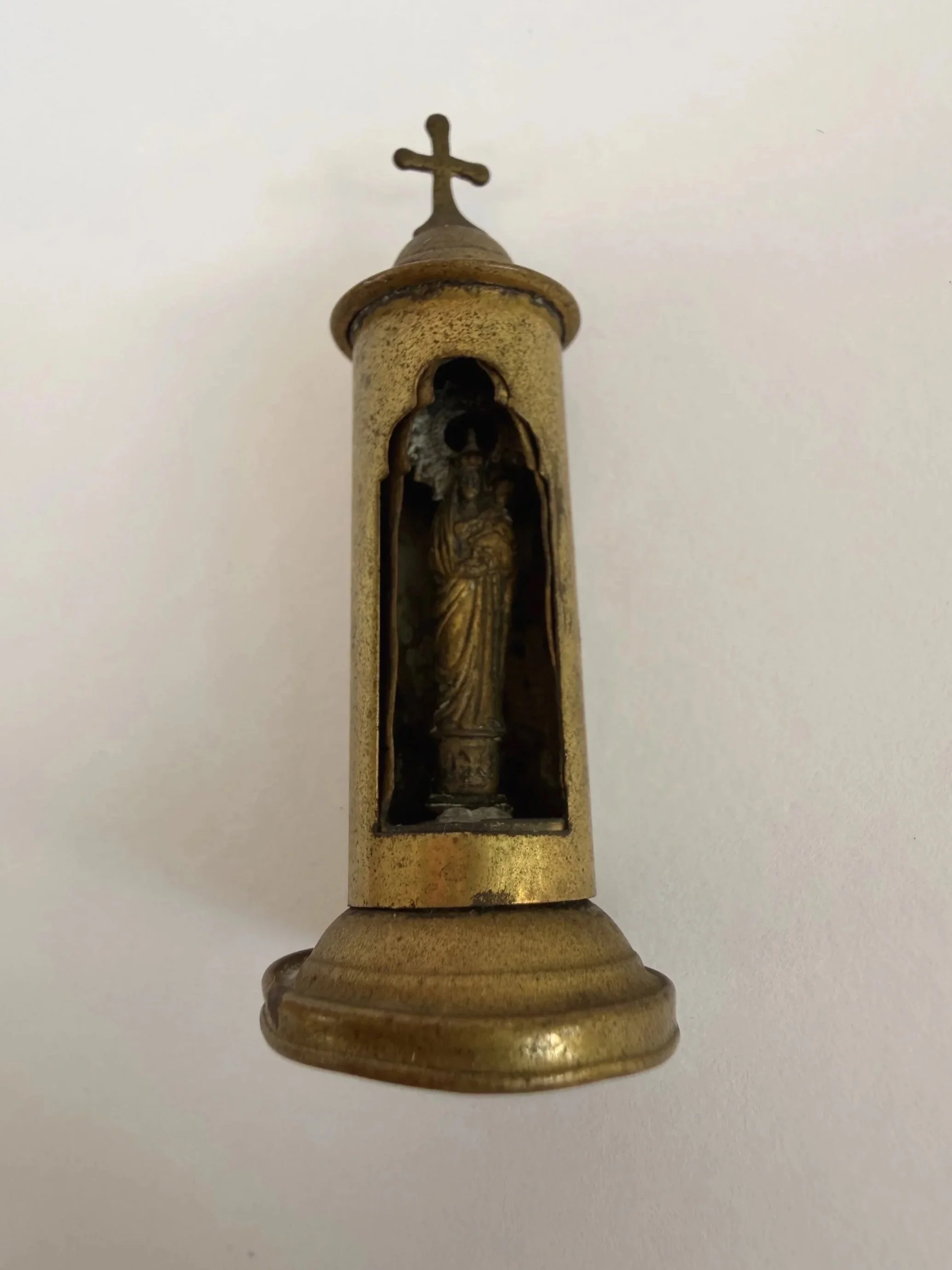 Brass Traveling Shrine with Madonna and Child Figure