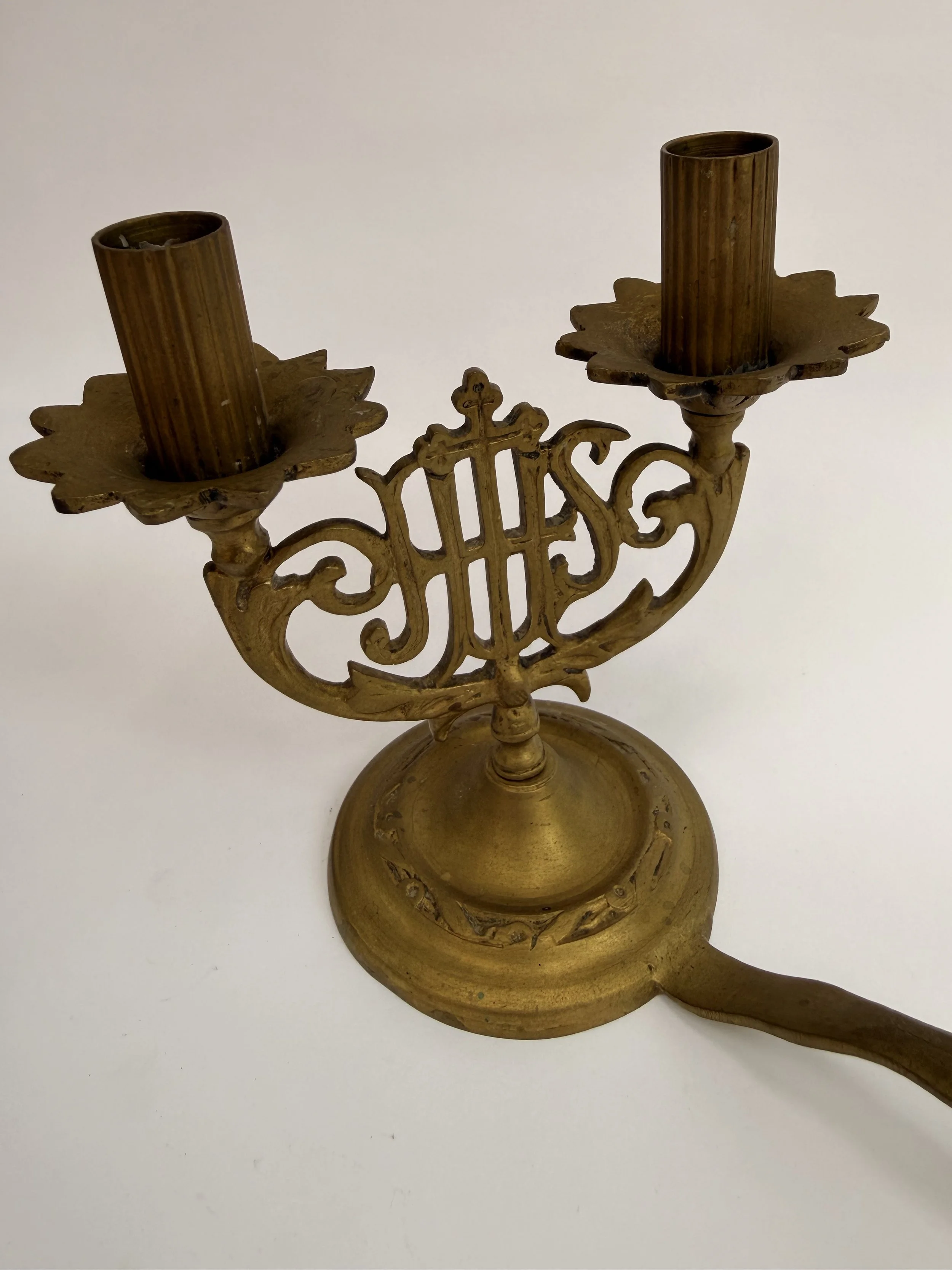 Brass IHS Lyre Chamberstick Candle Holder