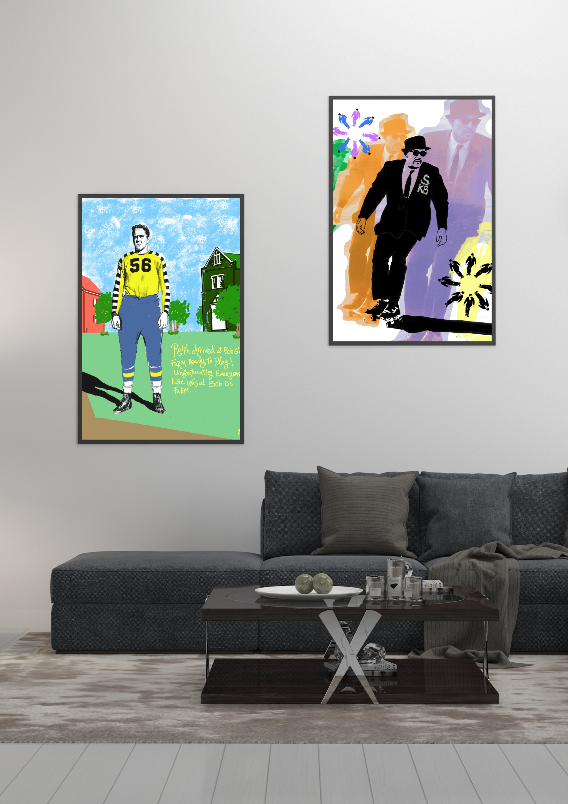 Living room with a dark gray sofa having three pillows, a wooden coffee table with decorative items, and two wall art pieces with pop art photographs on a white wall. One art features a man in a football uniform with a background of colorful houses and trees, and the other shows a man in a suit and hat skateboarding with colorful abstract background.